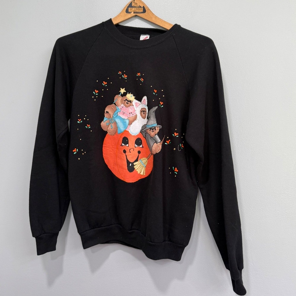 Vintage Jerzees Halloween Teddy Bear Pumpkin Sweatshirt Black Large Made in USA